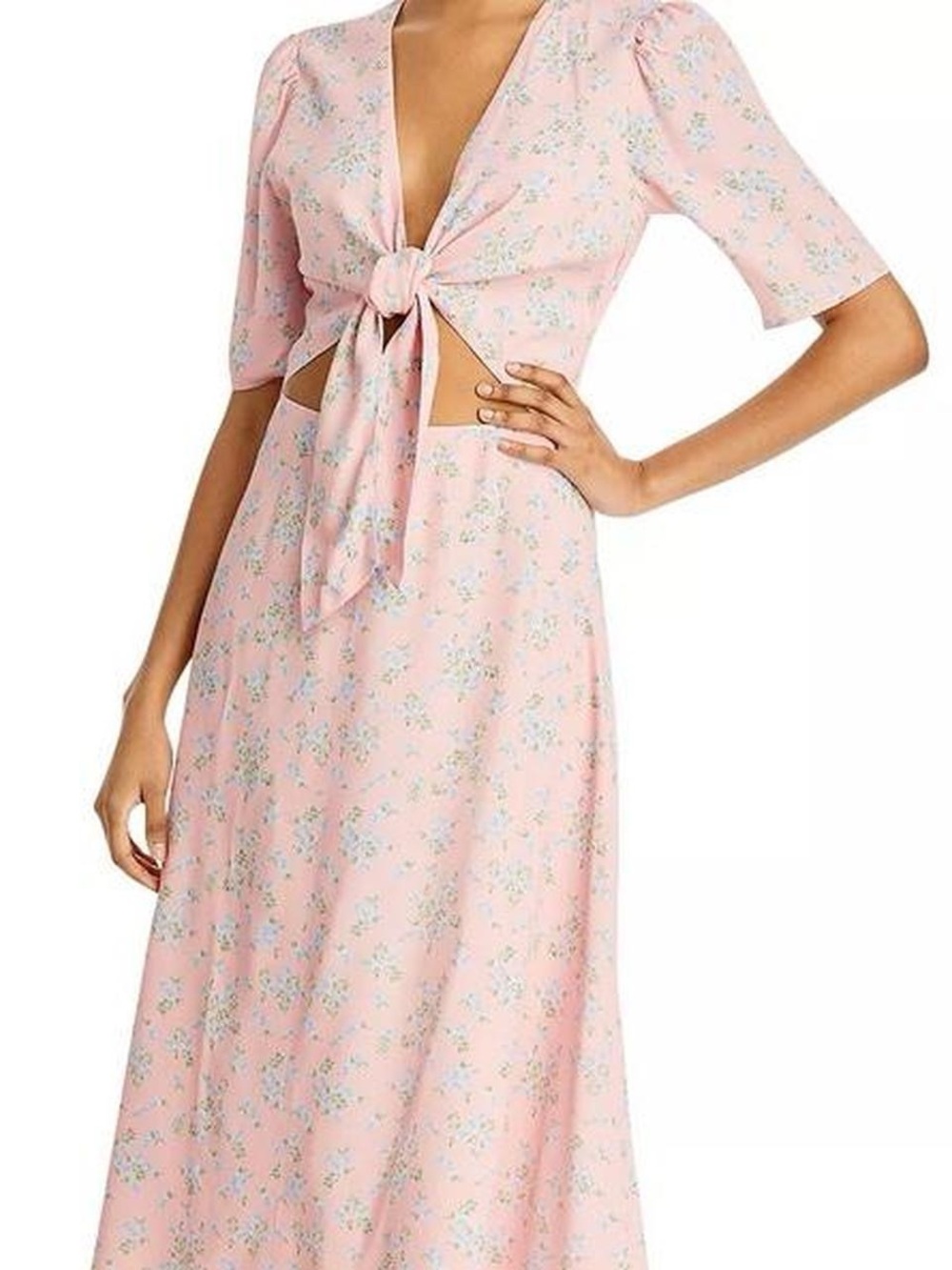 pink floral maxi dress with tie front detail and short sleeves - wayf